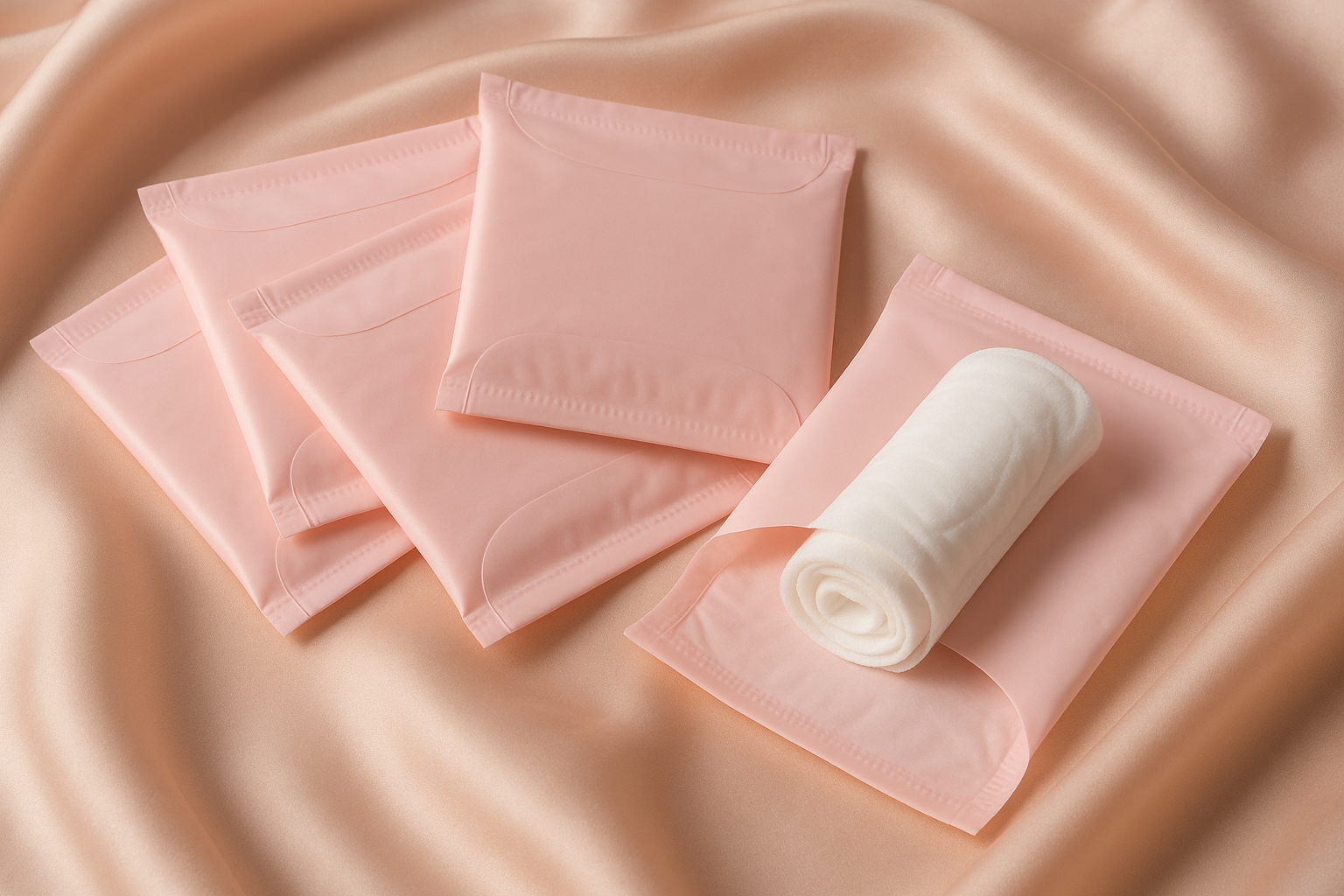 Individually wrapped pastel pouches, one open showing a rolled pad