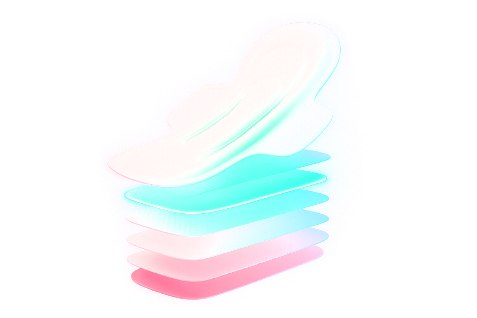 A FRNDS24 pad shown exploded into its eight floating layers, the mint anion strip glowing