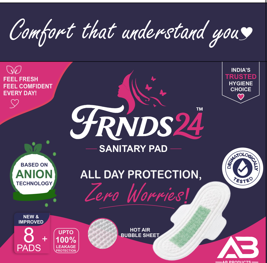 FRNDS24 pack front — all day protection, zero worries, 8 pads XL+